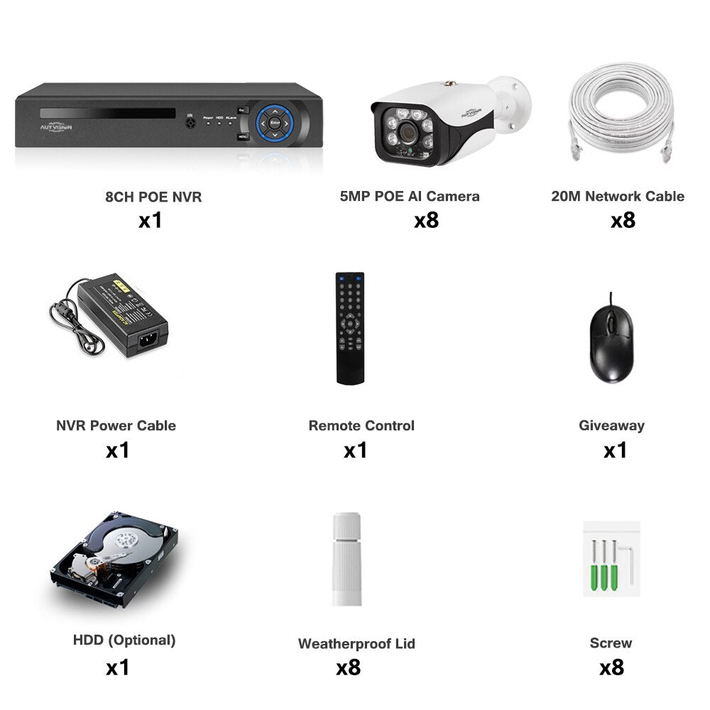8CH 4K POE NVR Security Surveillance 5MP Κιτ συστήματος κάμερας AI Human Detection Εγγραφή ήχου IP Κάμερα H.265+ Σετ βίντεο NVR CCTV