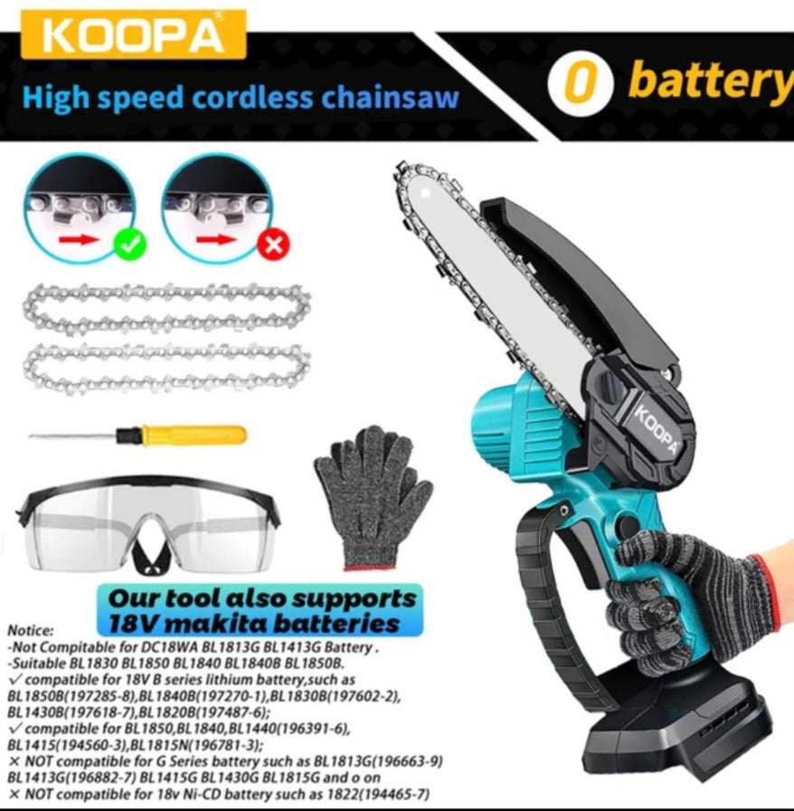 Koopa Tool Mini Chainsaw 6-Inch Powerful Cordless Rechargeable Handheld Small Electric Saw Powered by 21V 2000/3000mAh Batteries