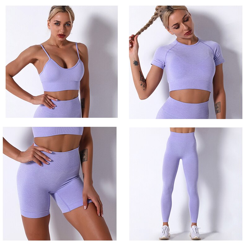 2Pcs/3Pcs/4Pcs Yoga Set Women Clotching Fitness Sportswear Seamless High Waist Leggings Shorts Shirt Crop Top Sport Bra