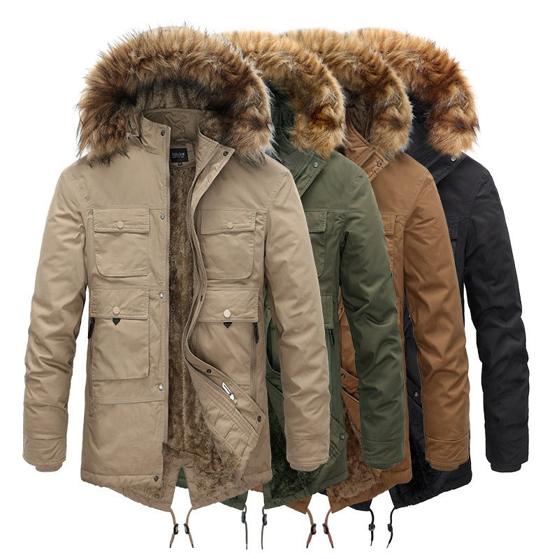 New Winter Coat Men's Plush Medium Length Cotton Coat Thickened Cotton Padded Warm Coat