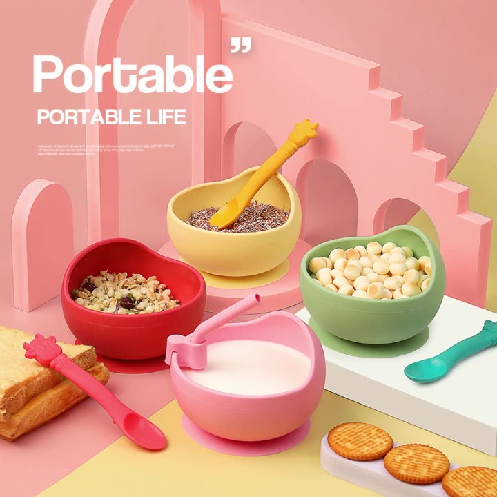 Children's Full Silicone Bowl Sucker Learning To Eat Training Meal Bowl Adsorption Baby Spoon Fork Meal Set Kindergarten Bowl Plate
