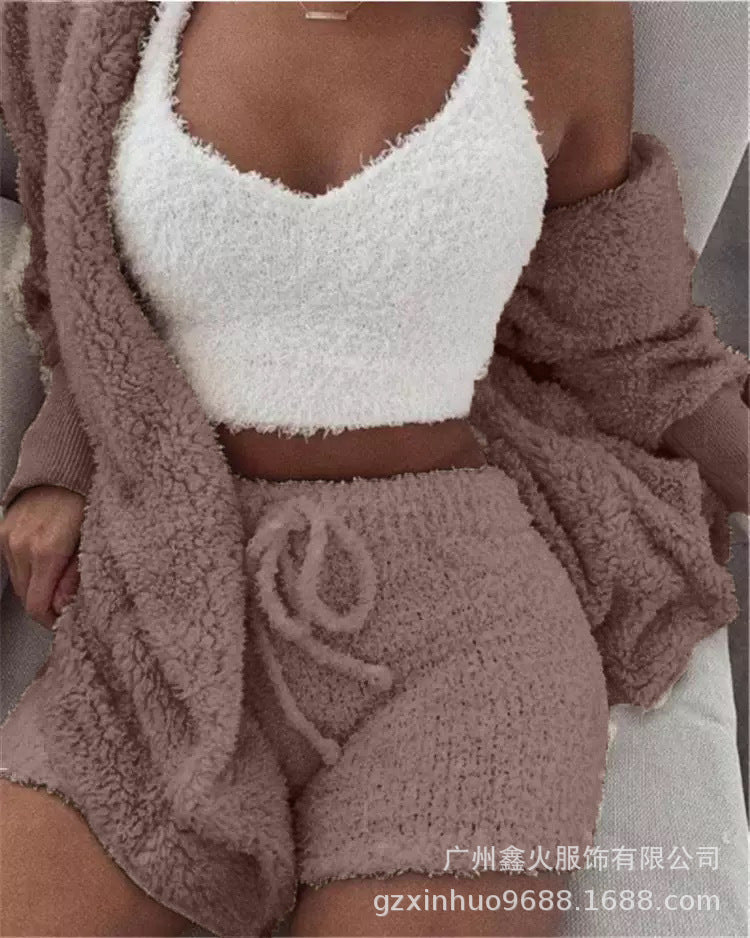 Women's clothing,Winter plush home wear, casual 3Pcs  pajamas long sleeved shorts sports set