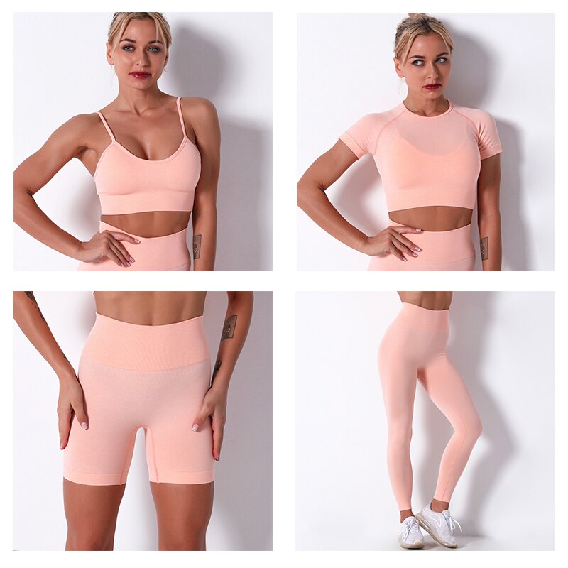 2Pcs/3Pcs/4Pcs Yoga Set Women Clotching Fitness Sportswear Seamless High Waist Leggings Shorts Shirt Crop Top Sport Bra