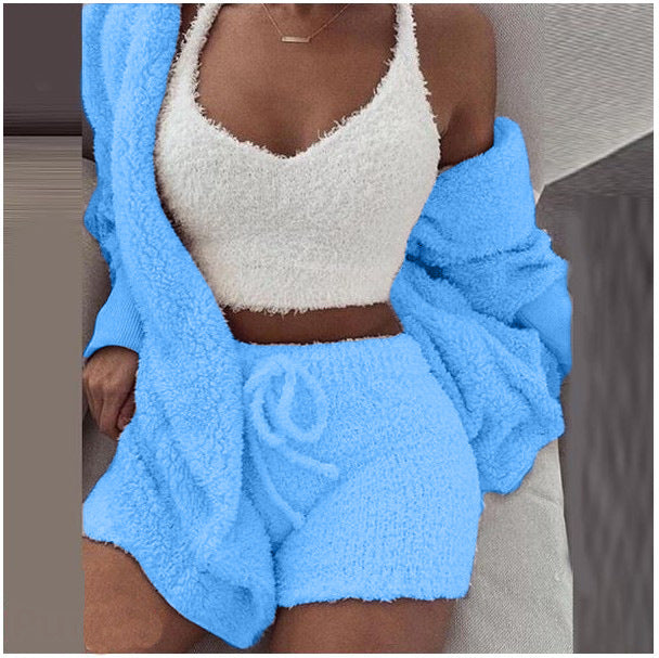 Women's clothing,Winter plush home wear, casual 3Pcs  pajamas long sleeved shorts sports set