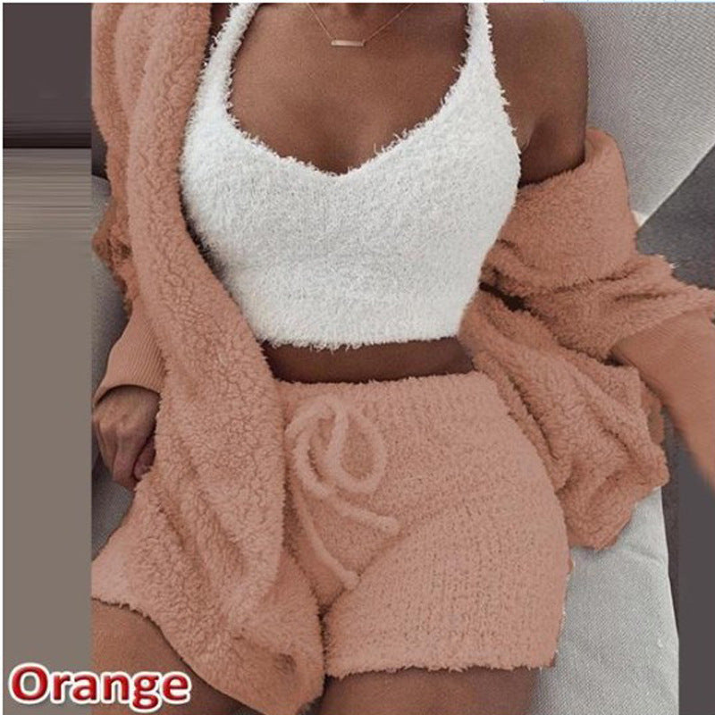 Women's clothing,Winter plush home wear, casual 3Pcs  pajamas long sleeved shorts sports set