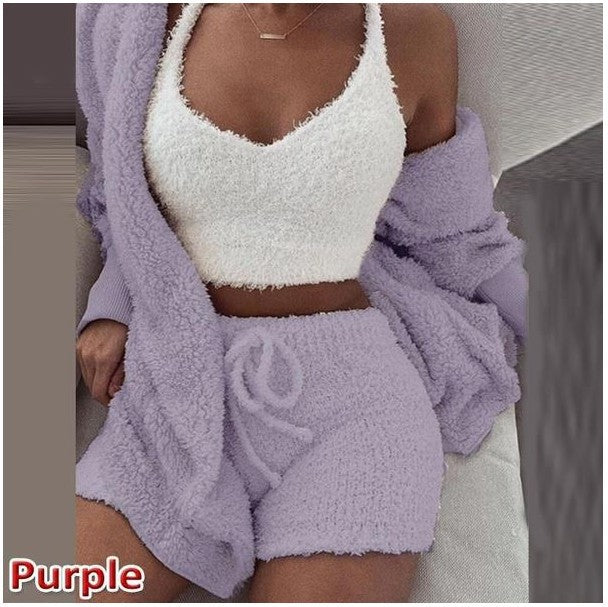 Women's clothing,Winter plush home wear, casual 3Pcs  pajamas long sleeved shorts sports set