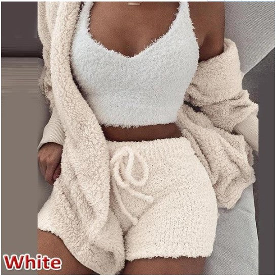 Women's clothing,Winter plush home wear, casual 3Pcs  pajamas long sleeved shorts sports set