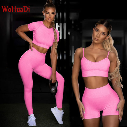 2Pcs/3Pcs/4Pcs Yoga Set Women Clotching Fitness Sportswear Seamless High Waist Leggings Shorts Shirt Crop Top Sport Bra