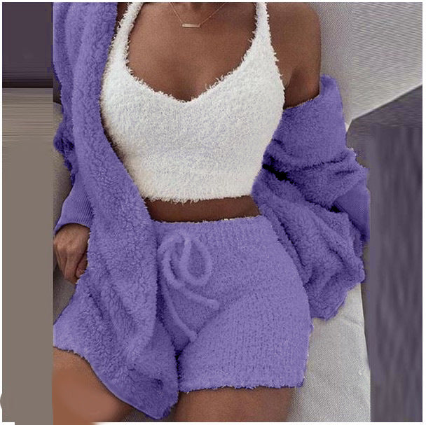 Women's clothing,Winter plush home wear, casual 3Pcs  pajamas long sleeved shorts sports set