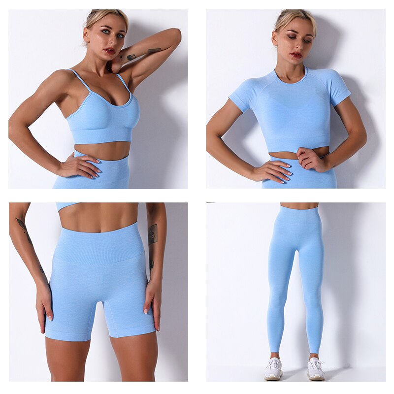 2Pcs/3Pcs/4Pcs Yoga Set Women Clotching Fitness Sportswear Seamless High Waist Leggings Shorts Shirt Crop Top Sport Bra