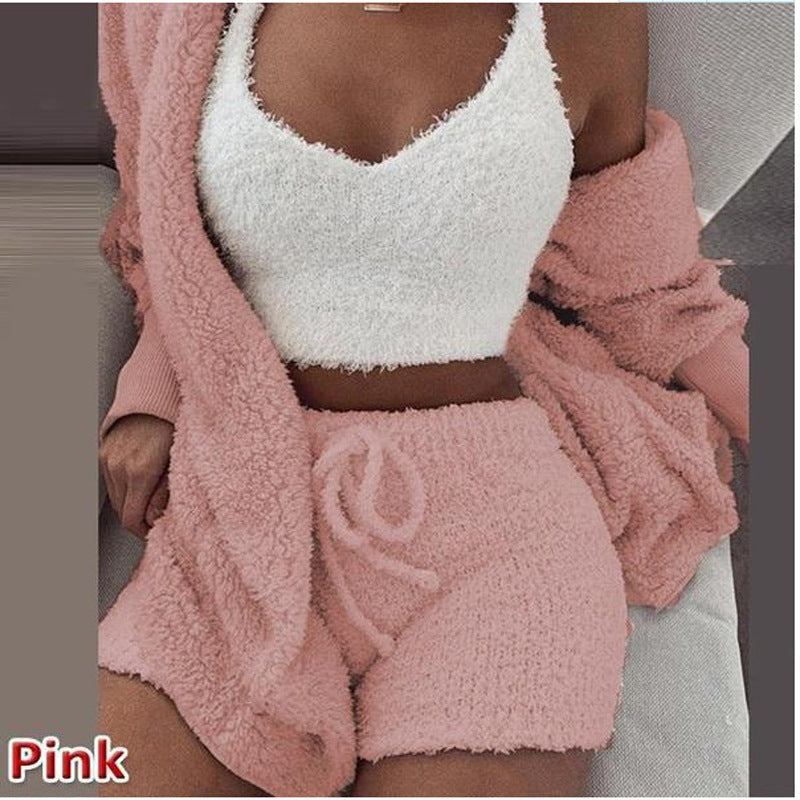 Women's clothing,Winter plush home wear, casual 3Pcs  pajamas long sleeved shorts sports set