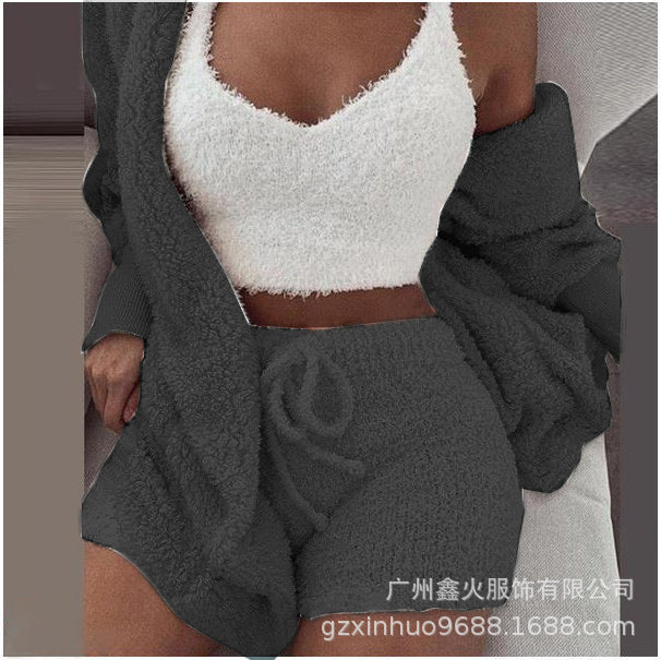 Women's clothing,Winter plush home wear, casual 3Pcs  pajamas long sleeved shorts sports set