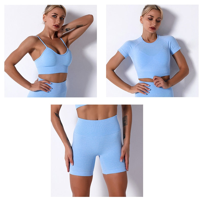 2Pcs/3Pcs/4Pcs Yoga Set Women Clotching Fitness Sportswear Seamless High Waist Leggings Shorts Shirt Crop Top Sport Bra