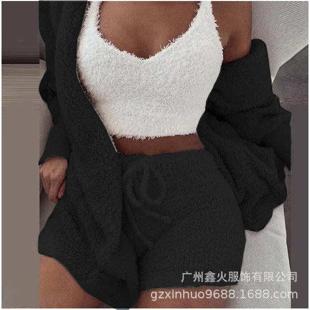 Women's clothing,Winter plush home wear, casual 3Pcs  pajamas long sleeved shorts sports set