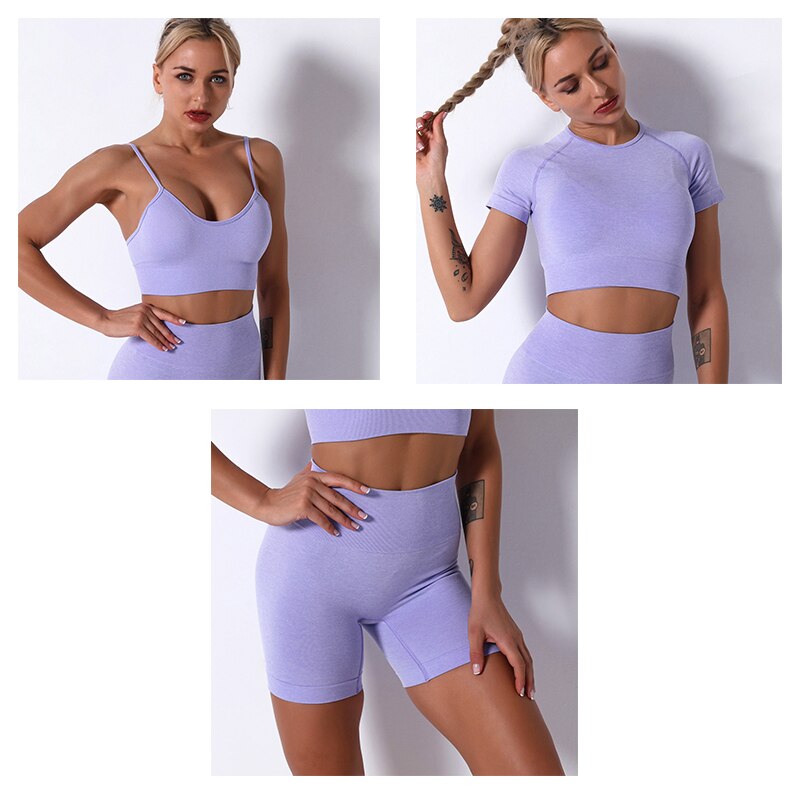 2Pcs/3Pcs/4Pcs Yoga Set Women Clotching Fitness Sportswear Seamless High Waist Leggings Shorts Shirt Crop Top Sport Bra
