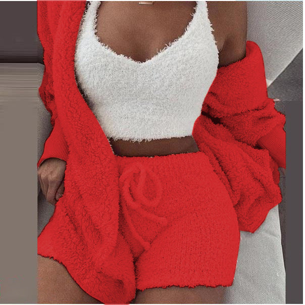 Women's clothing,Winter plush home wear, casual 3Pcs  pajamas long sleeved shorts sports set