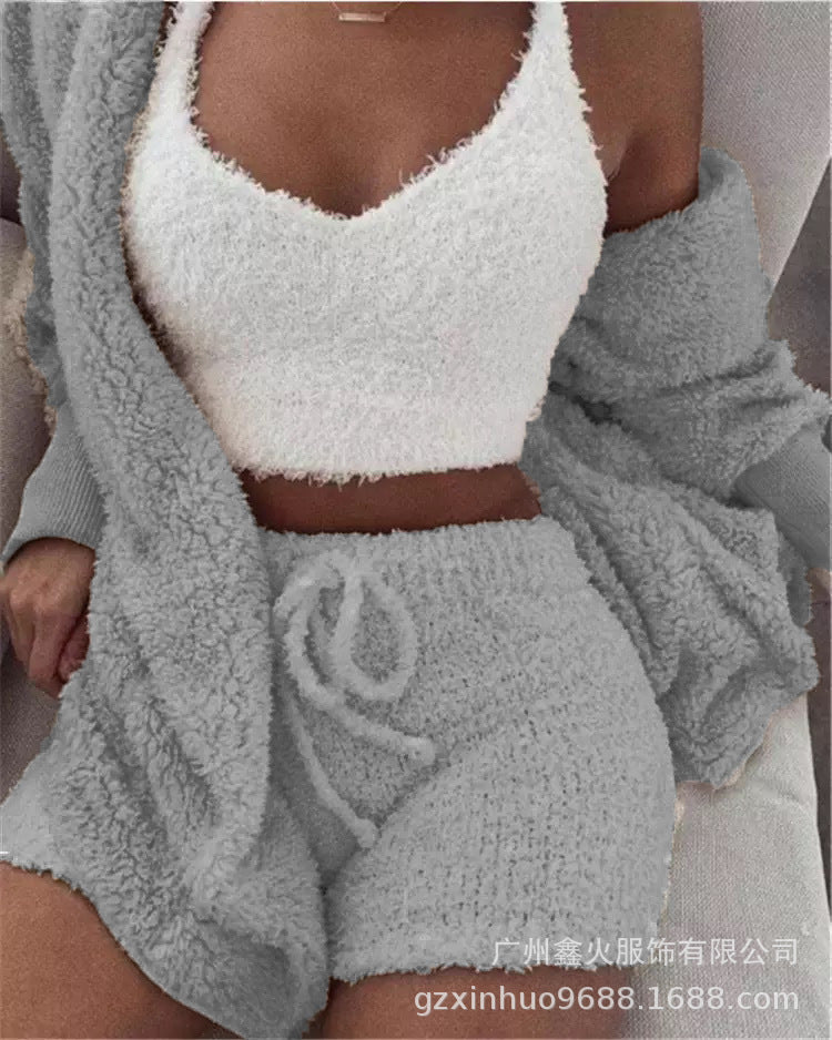Women's clothing,Winter plush home wear, casual 3Pcs  pajamas long sleeved shorts sports set