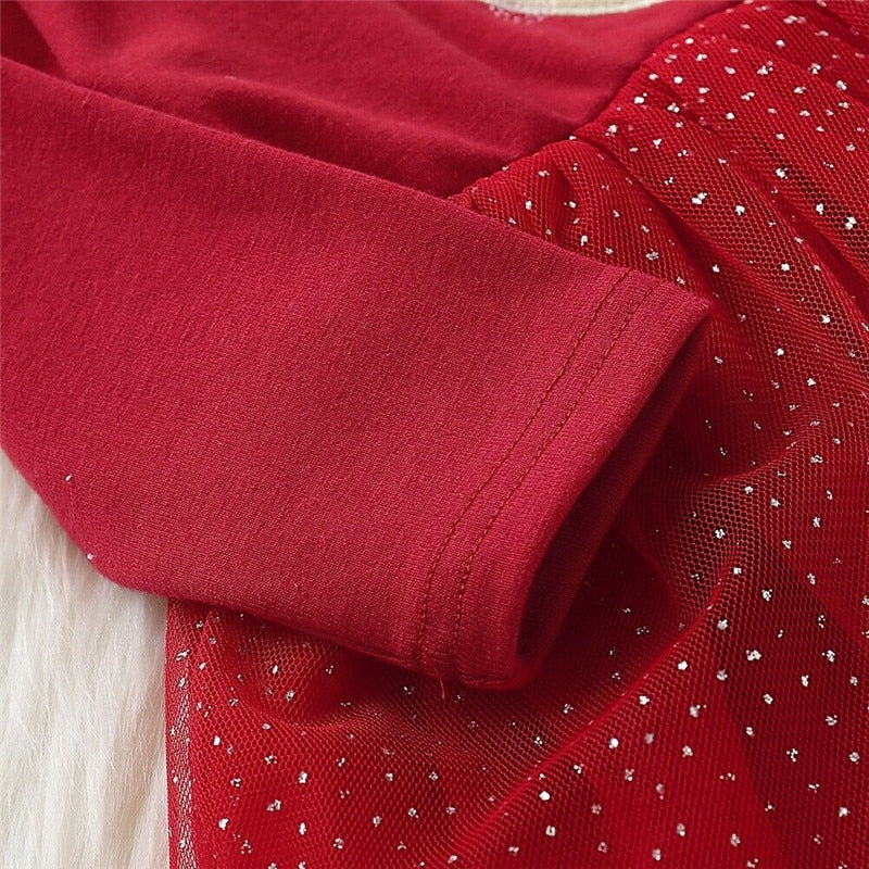 Toddler Kid Baby Girl Xmas Elk DeerClothes Long Sleeve Lace Tutu Tulle Princess Dress Christmas Long Sleeve Warm Gown Dresses