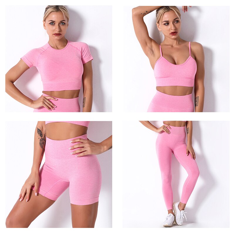 2Pcs/3Pcs/4Pcs Yoga Set Women Clotching Fitness Sportswear Seamless High Waist Leggings Shorts Shirt Crop Top Sport Bra