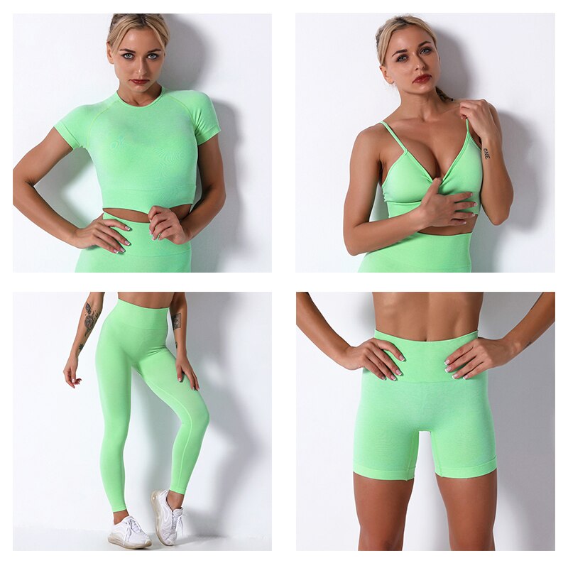 2Pcs/3Pcs/4Pcs Yoga Set Women Clotching Fitness Sportswear Seamless High Waist Leggings Shorts Shirt Crop Top Sport Bra