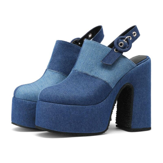 Big Size 34-48 Summer Fashion Splice Denim Mueller Pumps Thick High Heel Platform Round Head Slippers Sandal Women's Shoes Blue