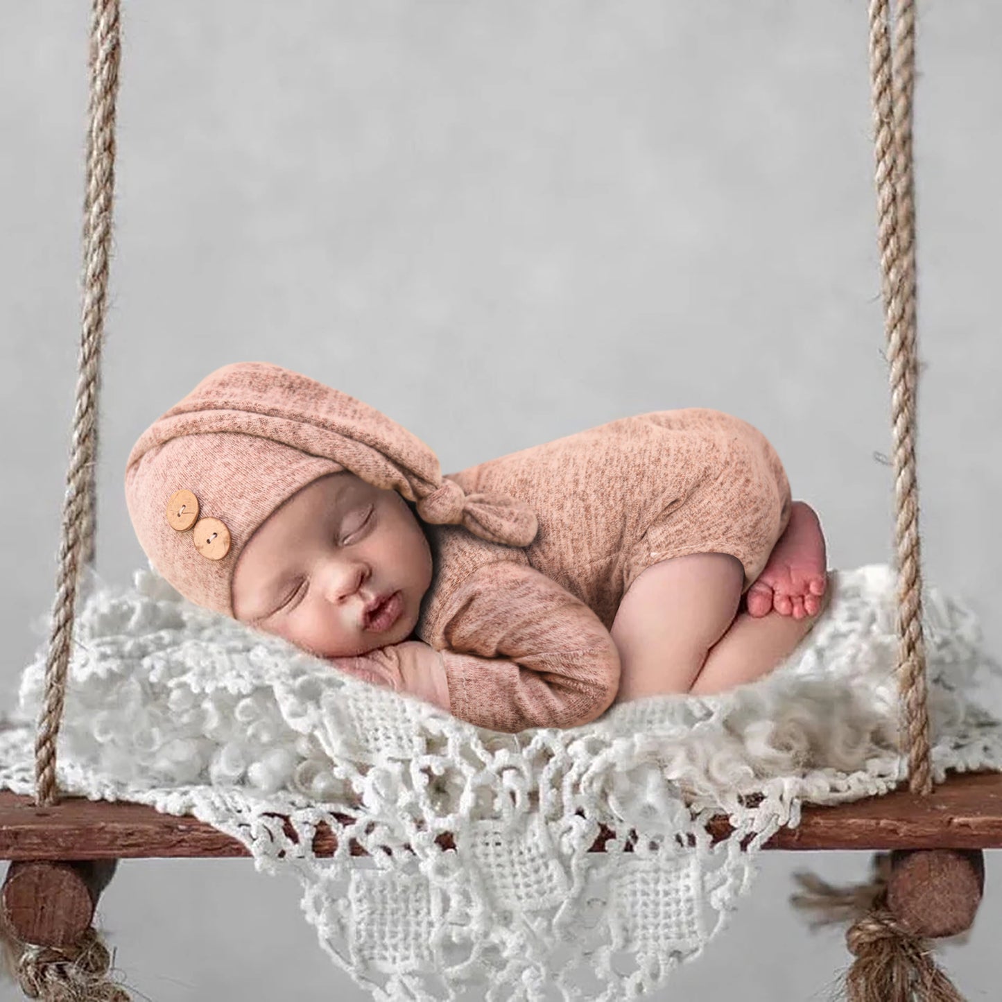 Newborn Full Moon Hundred Days Photography Baby Photo Clothes Props Button Hat 2-Piece Set