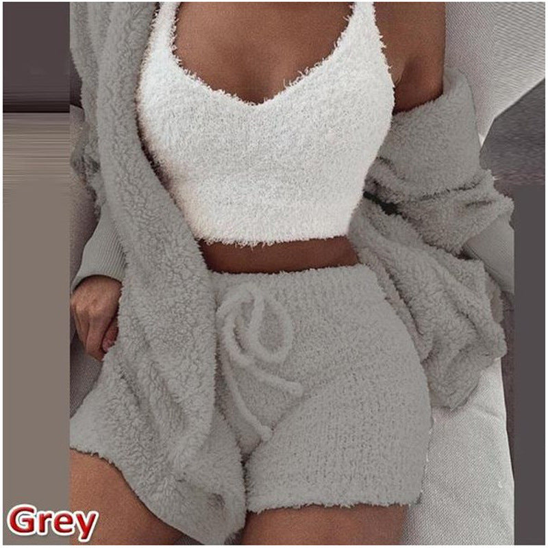 Women's clothing,Winter plush home wear, casual 3Pcs  pajamas long sleeved shorts sports set