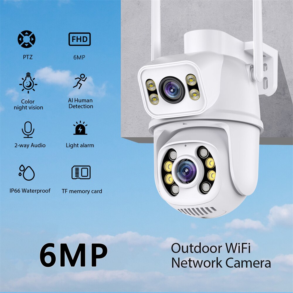 6MP 4K PTZ Wifi Camera Dual Lens with Dual Screen Ai Human Detect Auto Tracking Night Vision Outdoor Surveillance Camera ICSee