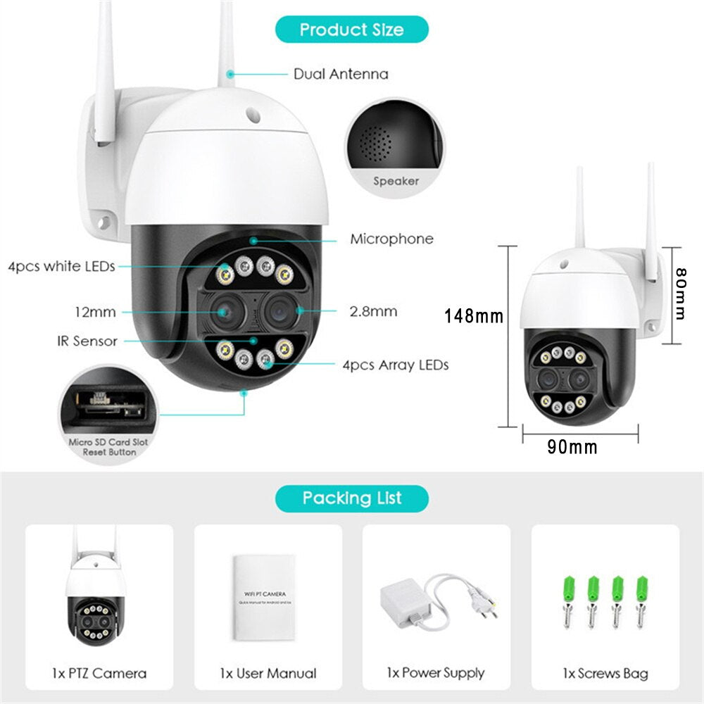 8MP Dual Lens 2.8mm -12mm 8X Zoom 4K Dual Lens PTZ WiFi IP Camera Outdoor AI Human Tracking CCTV Audio Home Security Camera