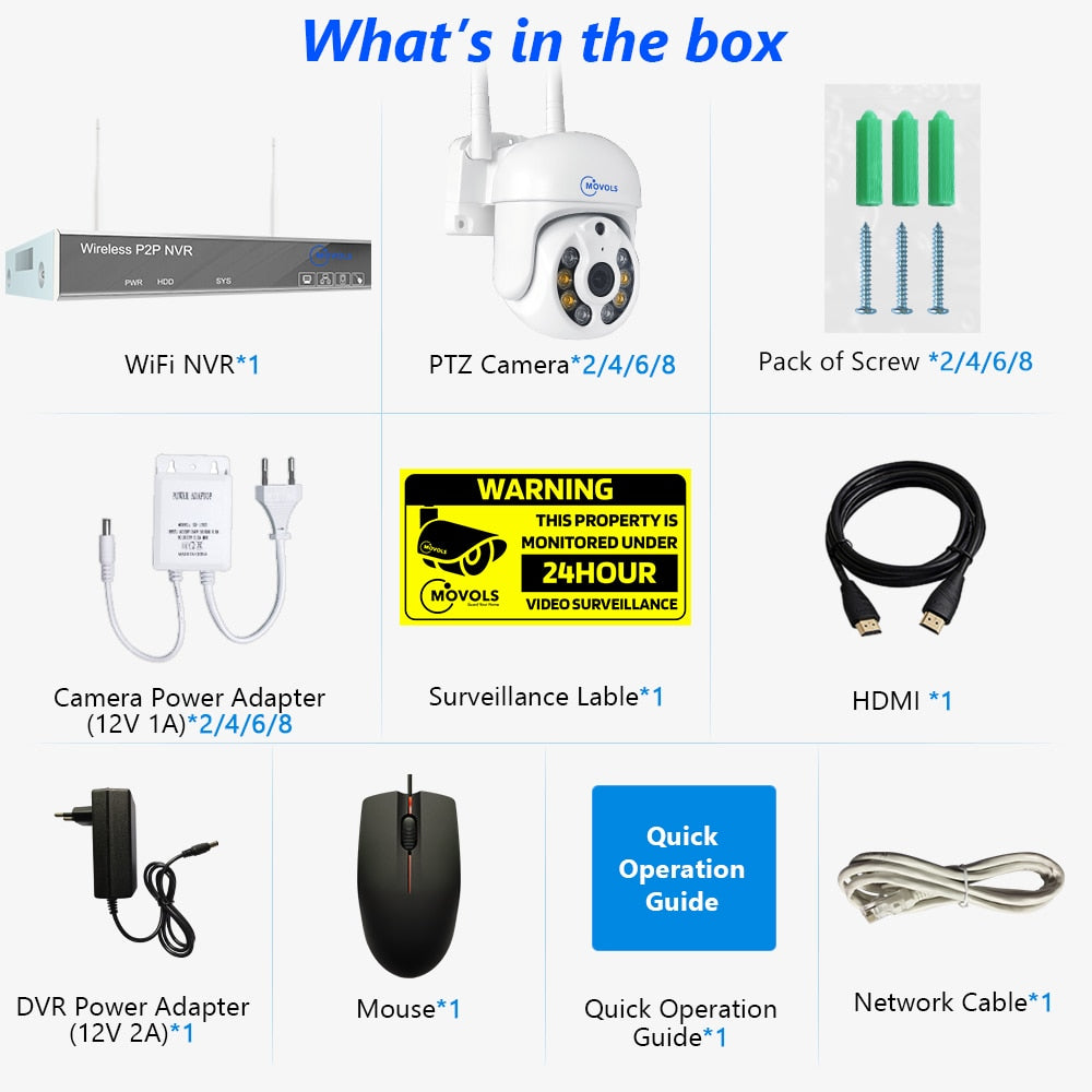 Movols H.265 3MP 5MP HD Wireless CCTV System Two Way Audio Waterproof PTZ WIFI IP Security Camera 8CH NVR Video Surveillance Kit
