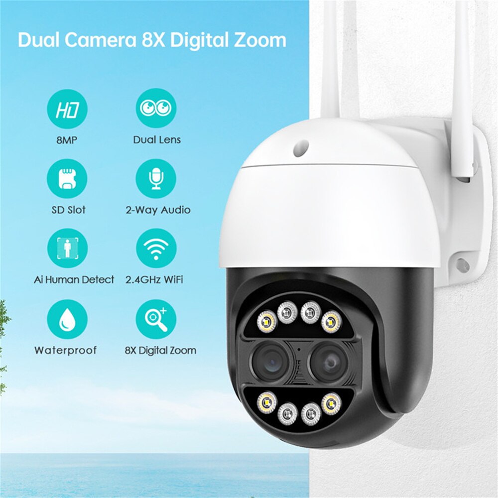 8MP Dual Lens 2.8mm -12mm 8X Zoom 4K Dual Lens PTZ WiFi IP Camera Outdoor AI Human Tracking CCTV Audio Home Security Camera