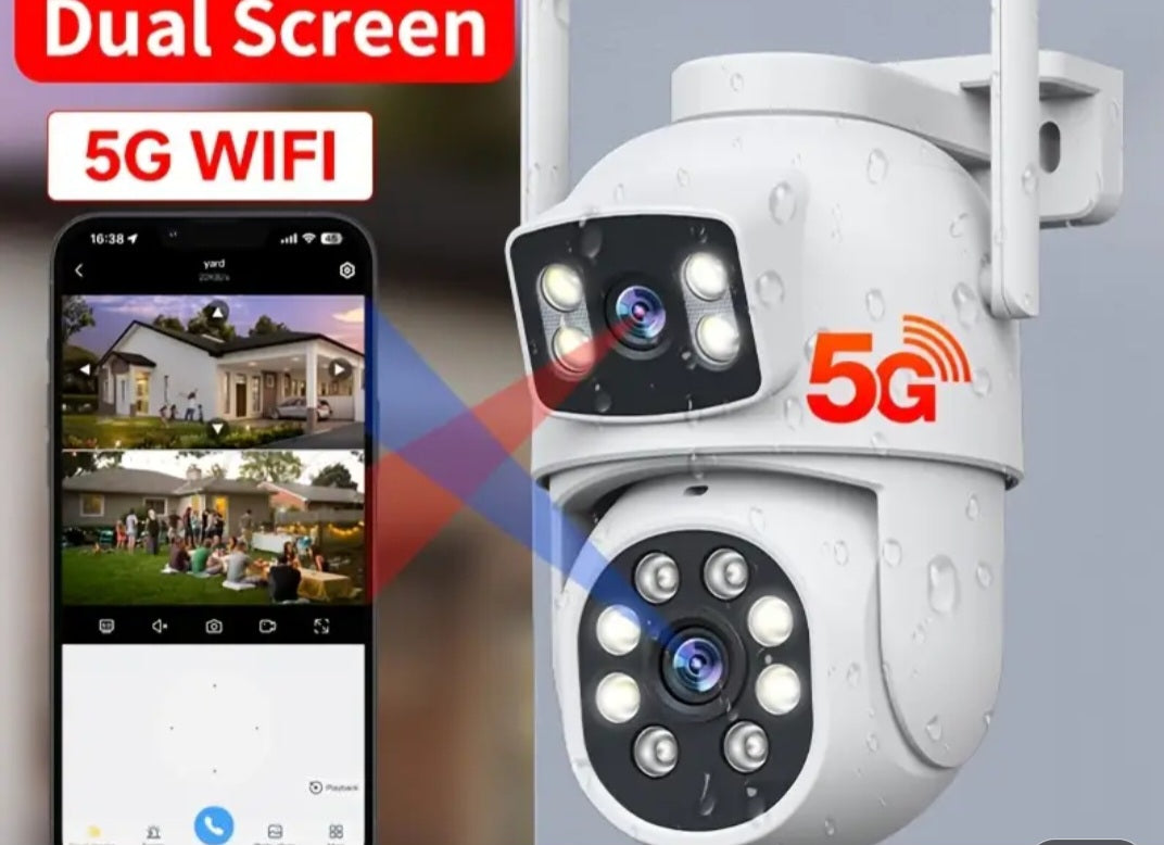 Aσύρματη κάμερα ασφαλείας εξωτερικού χώρου με δύο φακούς, η οποία υποστηρίζει συνδεσιμότητα Wi-Fi τόσο στις συχνότητες 2.4GHz όσο και στις 5GHz.