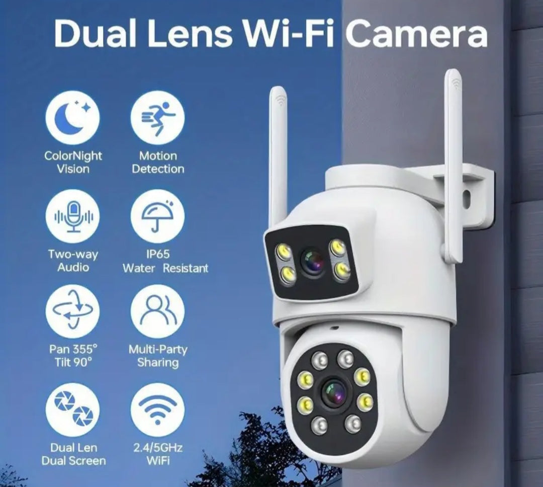Aσύρματη κάμερα ασφαλείας εξωτερικού χώρου με δύο φακούς, η οποία υποστηρίζει συνδεσιμότητα Wi-Fi τόσο στις συχνότητες 2.4GHz όσο και στις 5GHz.
