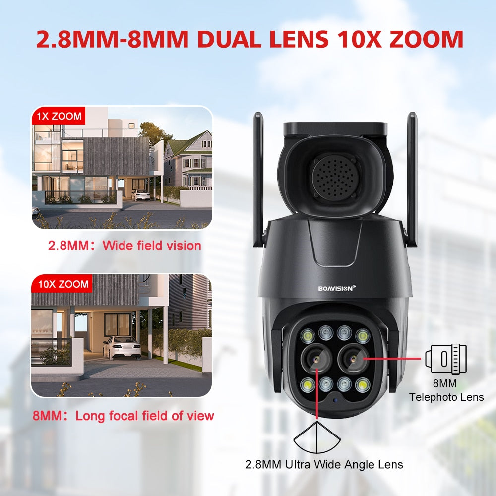 IP Camera Wifi/4G Sim Card PTZ 4MP 8MP Dual Lens 2.8mm-8mm 10X Zoom Outdoor AI Human Tracking Color Night Vision Security Camera - KoukouSmart