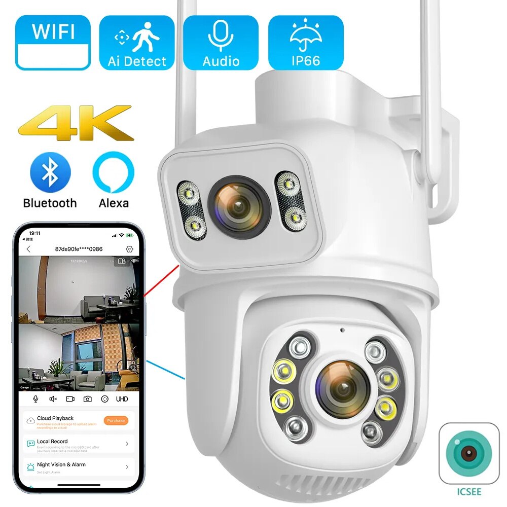 6MP 4K PTZ Wifi Camera Dual Lens with Dual Screen Ai Human Detect Auto Tracking Night Vision Outdoor Surveillance Camera ICSee