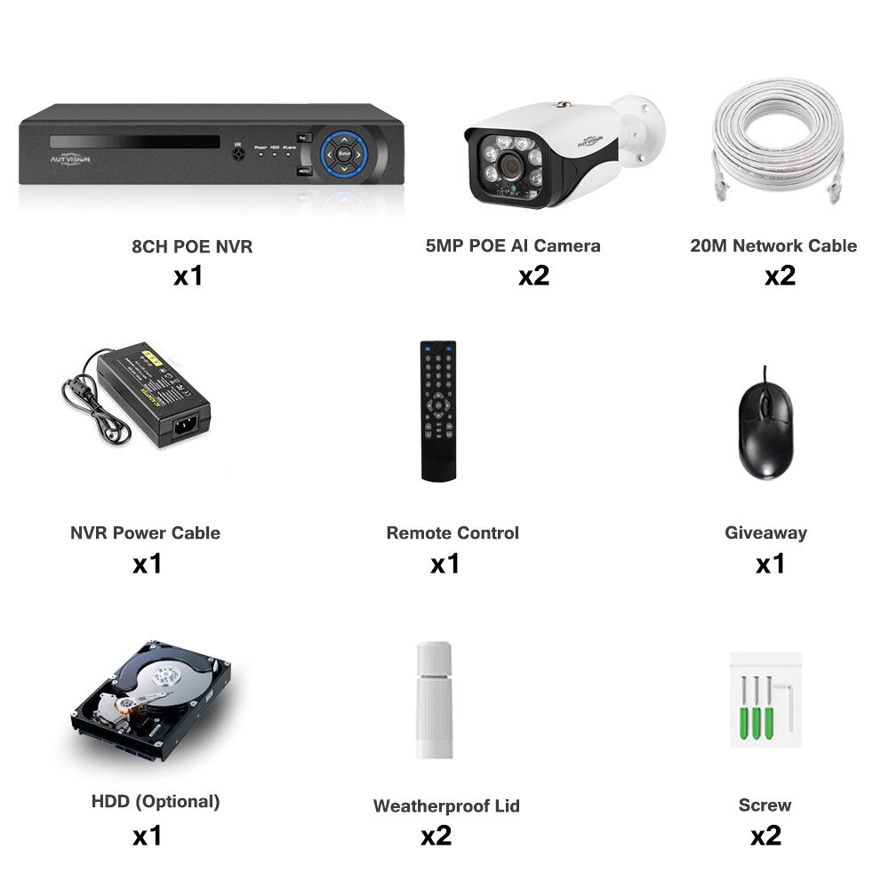 8CH 4K POE NVR Security Surveillance 5MP Camera System Kit AI Human Detection Audio Record IP Camera H.265+ CCTV Video NVR Set