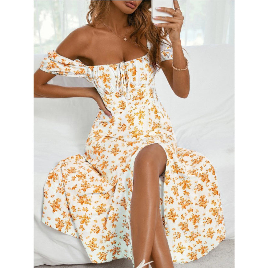 spring new print French broken flower backless slim sling split dress women's spot - KoukouSmart
