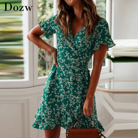 Floral Print Boho Beach Dress Ruffle Short Sleeve A Line Mini Dress Wrap Sundress Robe - KoukouSmart